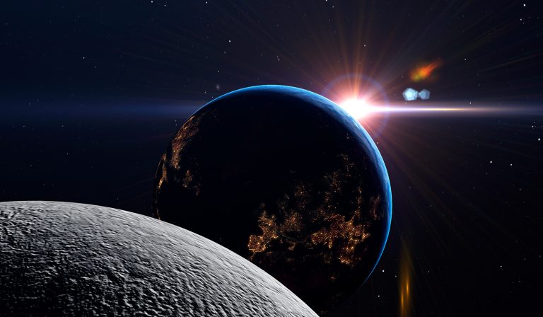 The moon and earth in space
